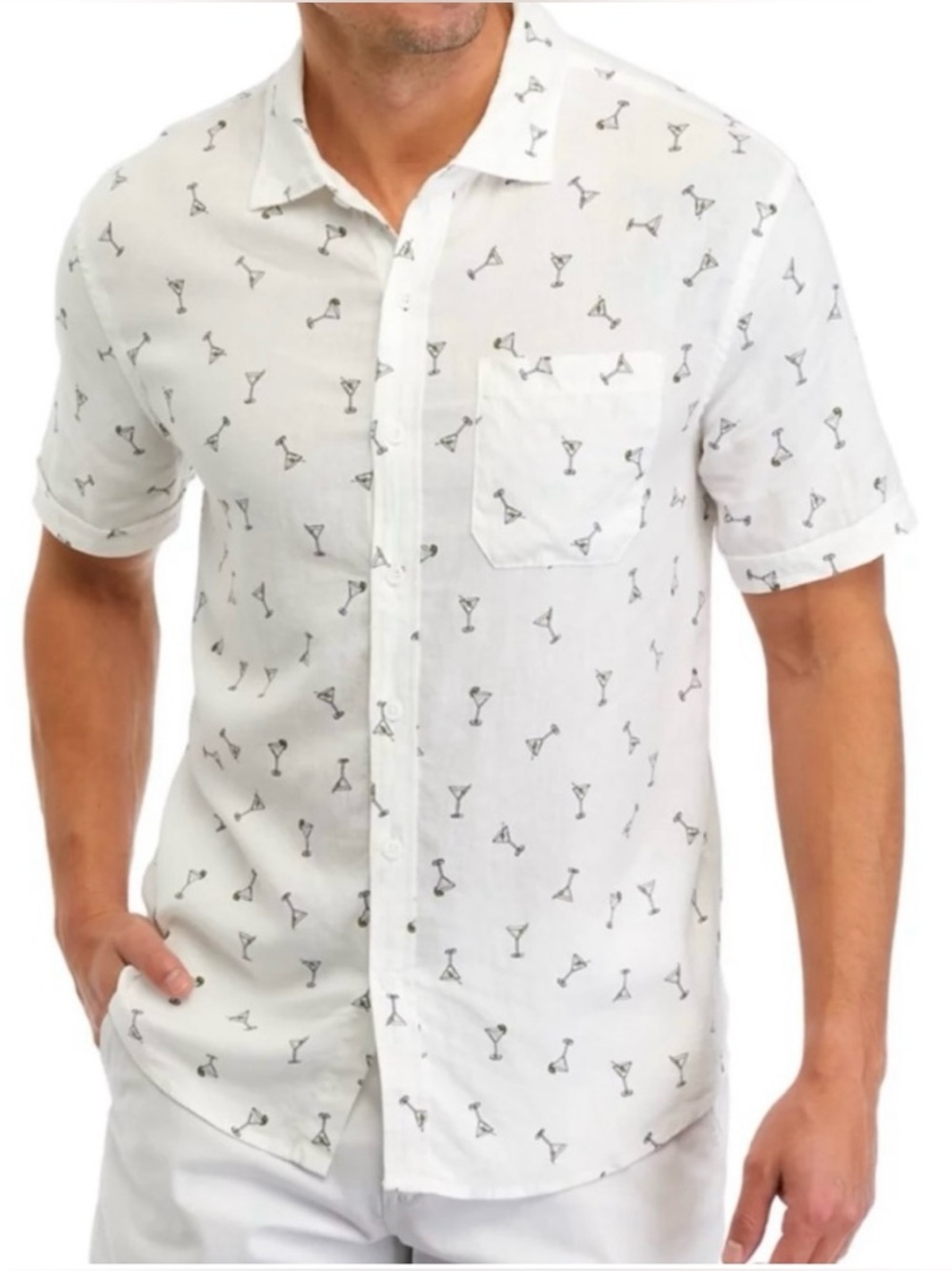 Men’s Novelty Print Shirt Martini Bar M/L Magaschoni Linen Blend Fun!
